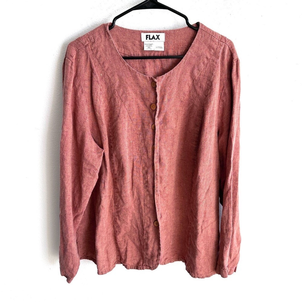 Flax Womens Top 1G Pink/orange Linen Lagenlook Button Up Shirt Relaxed